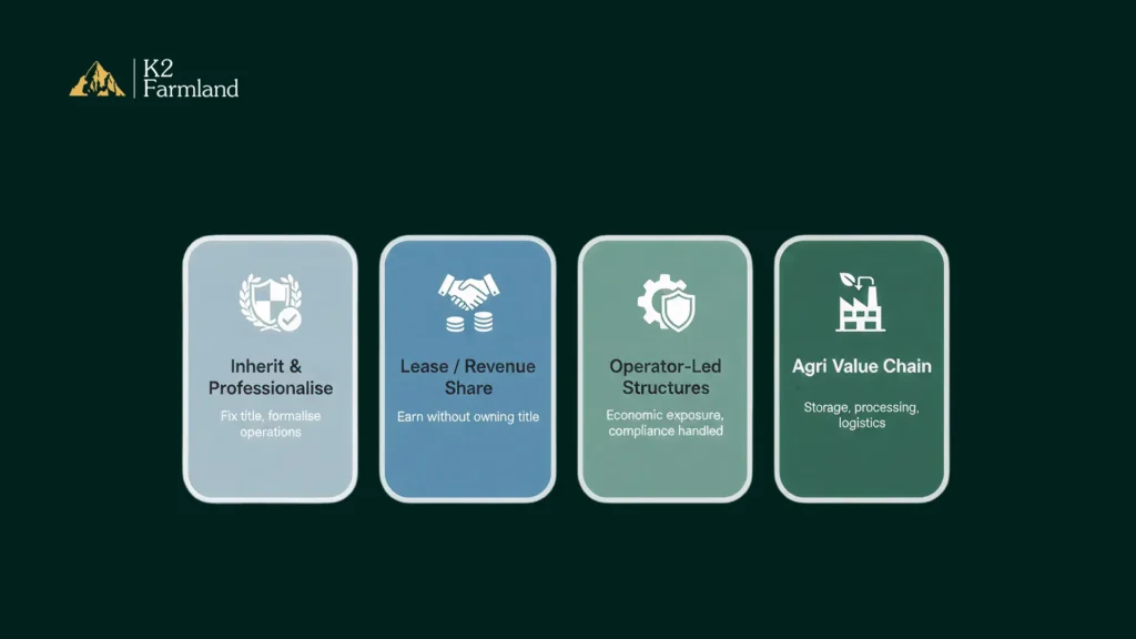 Four compliant routes for NRI farmland exposure shown as a grid: inherit and professionalise land, lease or revenue share, operator-led participation, and investing in the wider agri value chain.