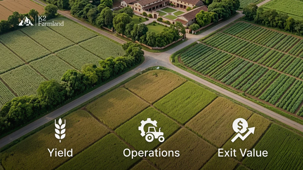 Aerial view of farmland with overlay text showing three pillars of farmland returns: yield, operational upside, and exit value