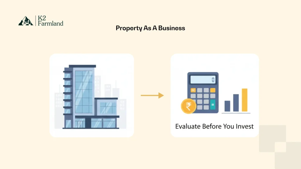 Illustration of a property building with a calculator, rupee symbol, and small chart to show property evaluation for investors in India.