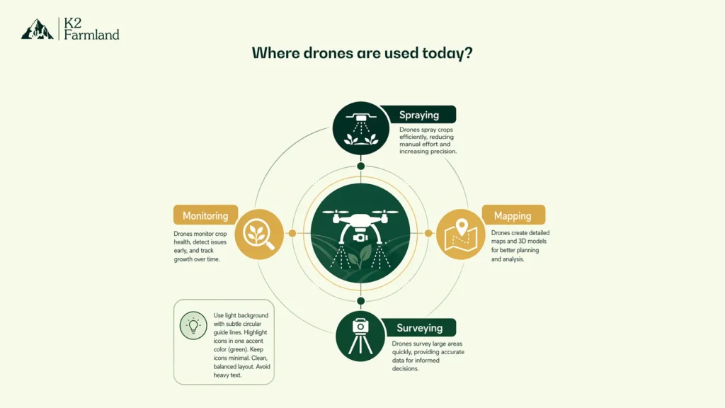 Circular diagram showing a drone in the center with four surrounding agricultural use cases, spraying, monitoring, mapping, and surveying, connected around it.