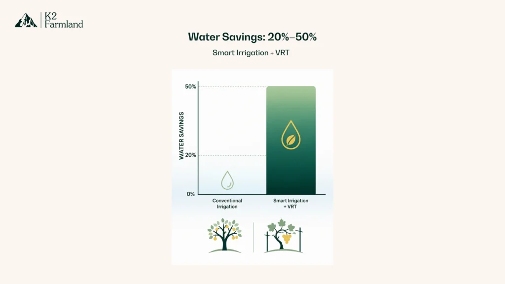 A chart showing 20–50% water savings in orchards and vineyards using smart irrigation technologies and variable rate technology (VRT).