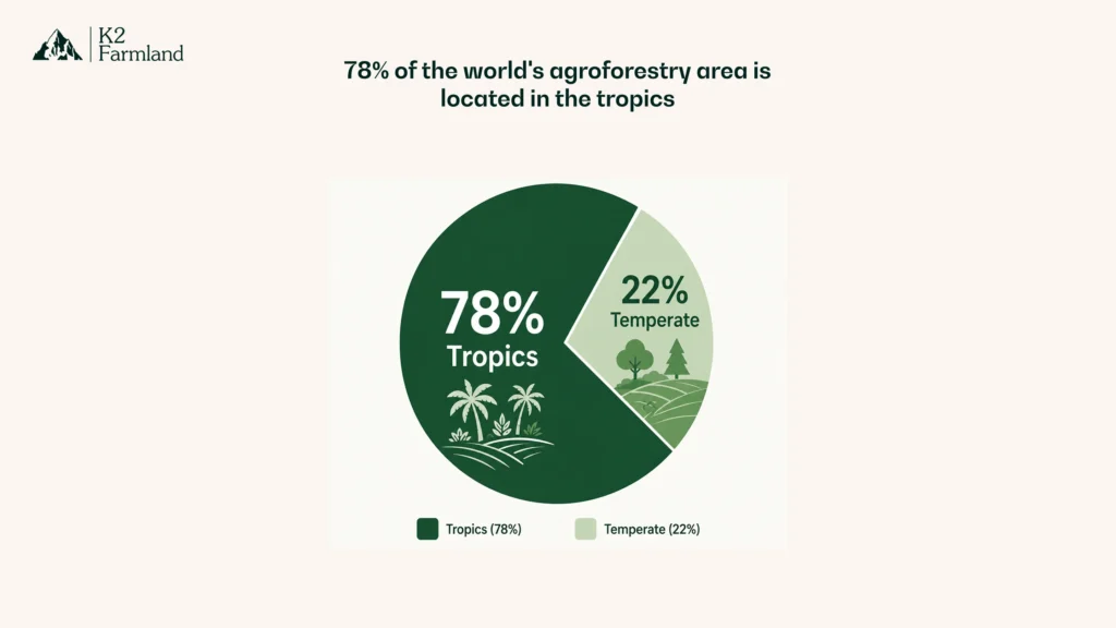 A pie chart showing global agroforestry distribution with 78% in tropical regions and 22% in temperate regions.