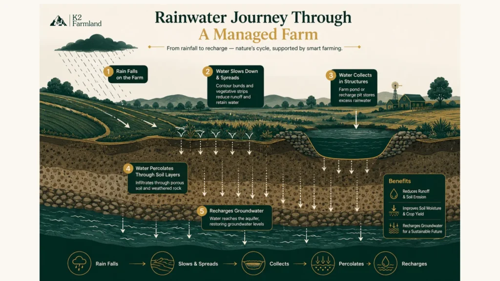 Groundwater recharge farming illustration showing rainwater percolation, farm pond, recharge pit, healthy soil, and improved water storage on farmland