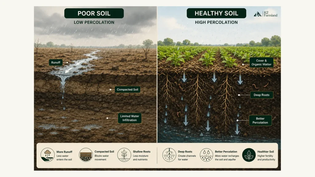 Comparison of compacted farm soil and healthy soil showing how organic matter, roots, and ground cover improve water percolation.