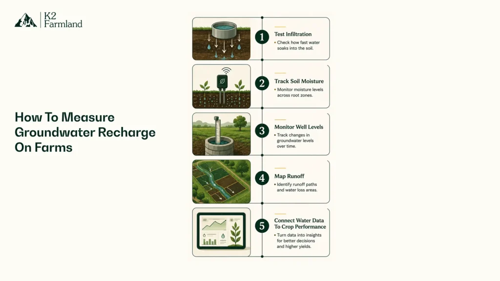 Infographic explaining how to measure groundwater recharge on farms using infiltration tests, soil moisture, well levels, runoff mapping, and crop performance data.