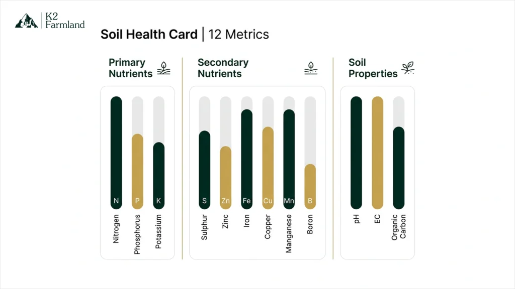 Bar chart grouping 12 Soil Health Card parameters into four macronutrients, five micronutrients and three soil properties.